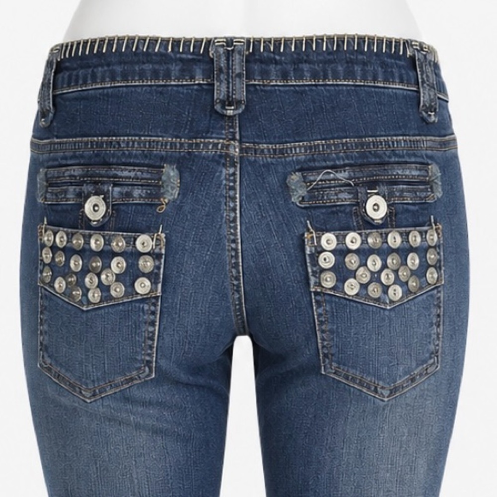 Y2K Studded Embellished Button Pocket Flare Vintage Denim Low Rise, It-Girl Glam